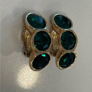 Sal Signed Swarovski Crystal Green and Gold Tone Hoop Clip On Earrings